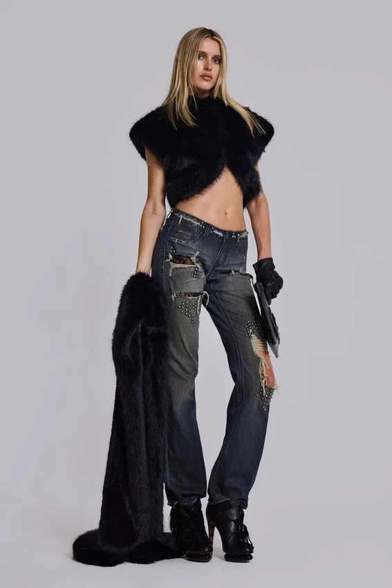 Jeans bootcut taille basse en dentelle délavée Tori