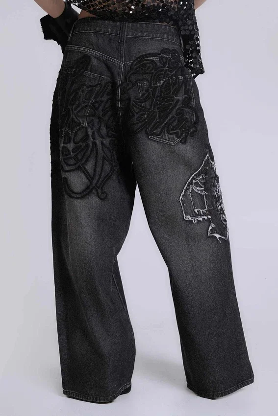 Colossus Jeans XL noir à broderies en relief