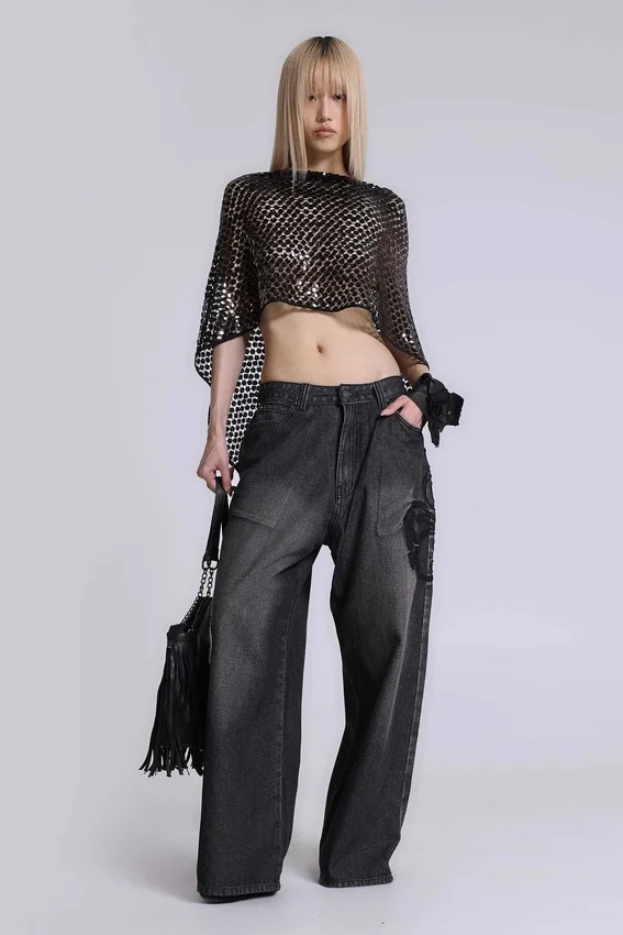 Colossus Jeans XL noir à broderies en relief