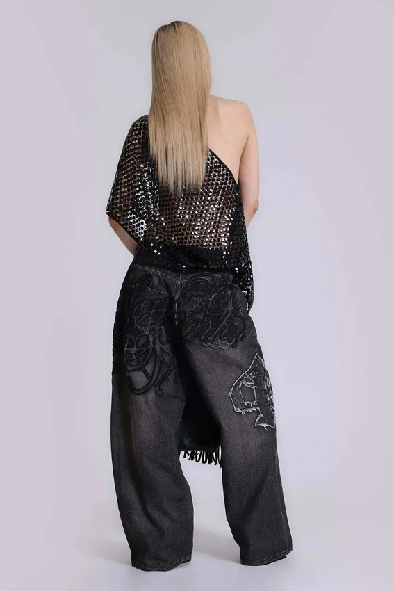 Colossus Jeans XL noir à broderies en relief