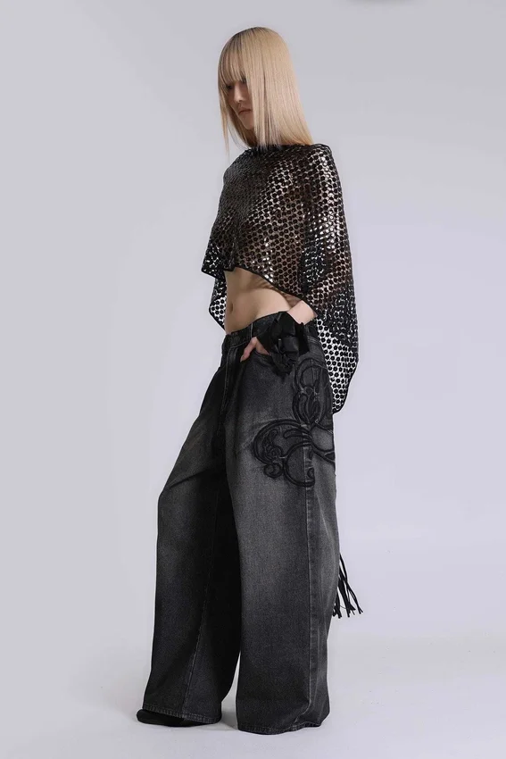 Colossus Jeans XL noir à broderies en relief