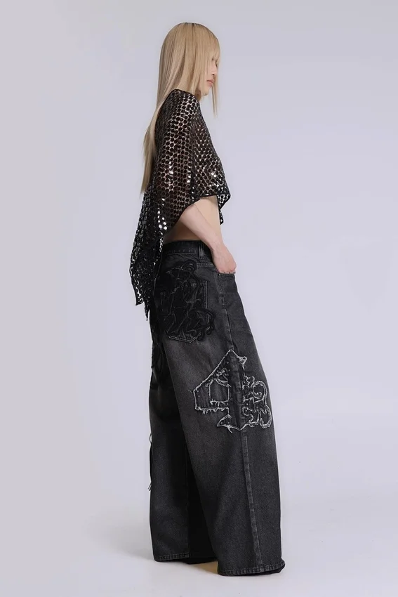 Colossus Jeans XL noir à broderies en relief