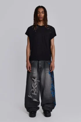 Colossus Jeans XL noir déchiré avec motif Spike Airbrush