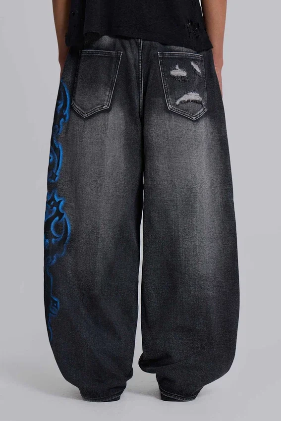 Colossus Jeans XL noir déchiré avec motif Spike Airbrush