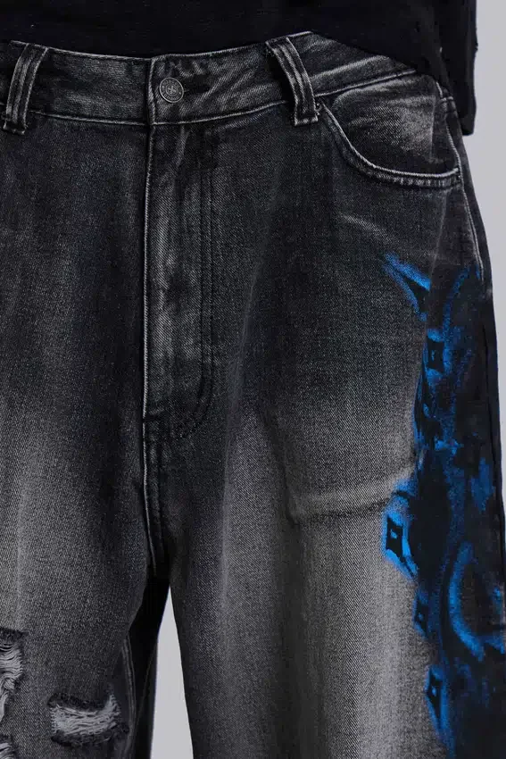 Colossus Jeans XL noir déchiré avec motif Spike Airbrush