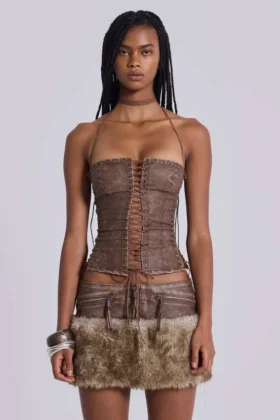 Corset à lacets en simili cuir marron Odile