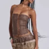 Corset à lacets en simili cuir marron Odile