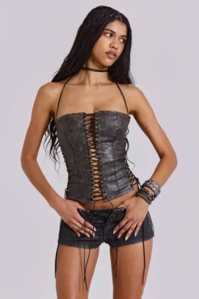 Corset à lacets en simili cuir noir Odile