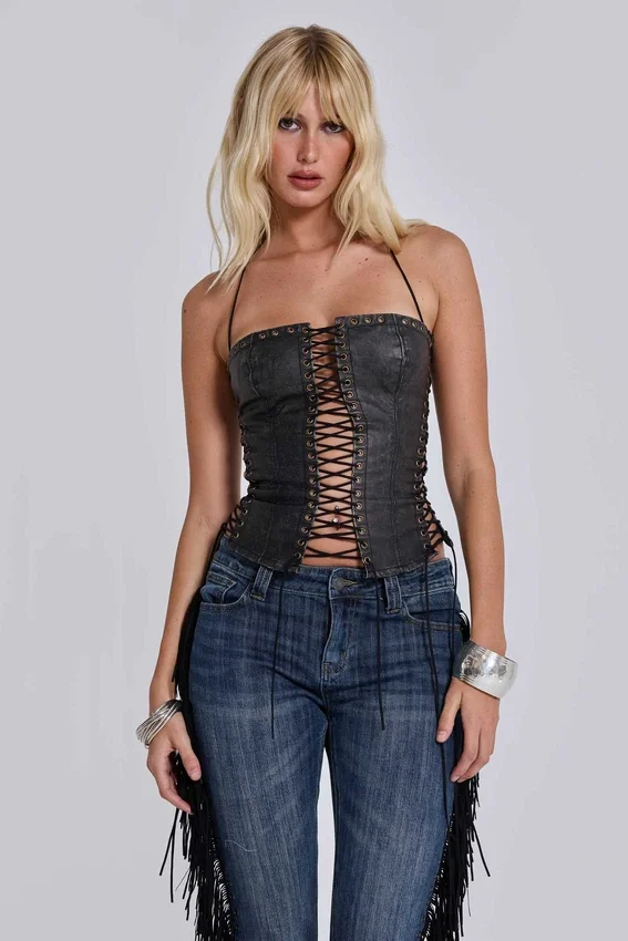 Corset à lacets en simili cuir noir Odile