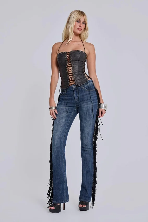 Corset à lacets en simili cuir noir Odile