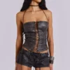 Corset à lacets en simili cuir noir Odile