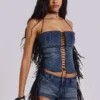 Corset à lacets Odile en denim à franges