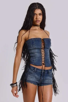 Corset à lacets Odile en denim à franges