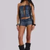 Corset à lacets Odile en denim à franges