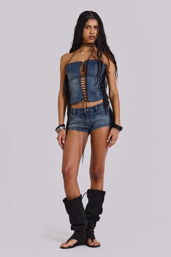 Corset à lacets Odile en denim à franges