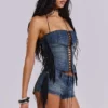 Corset à lacets Odile en denim à franges
