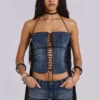 Corset à lacets Odile en denim à franges