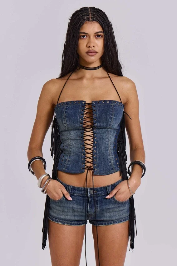 Corset à lacets Odile en denim à franges