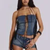 Corset à lacets Odile en denim à franges