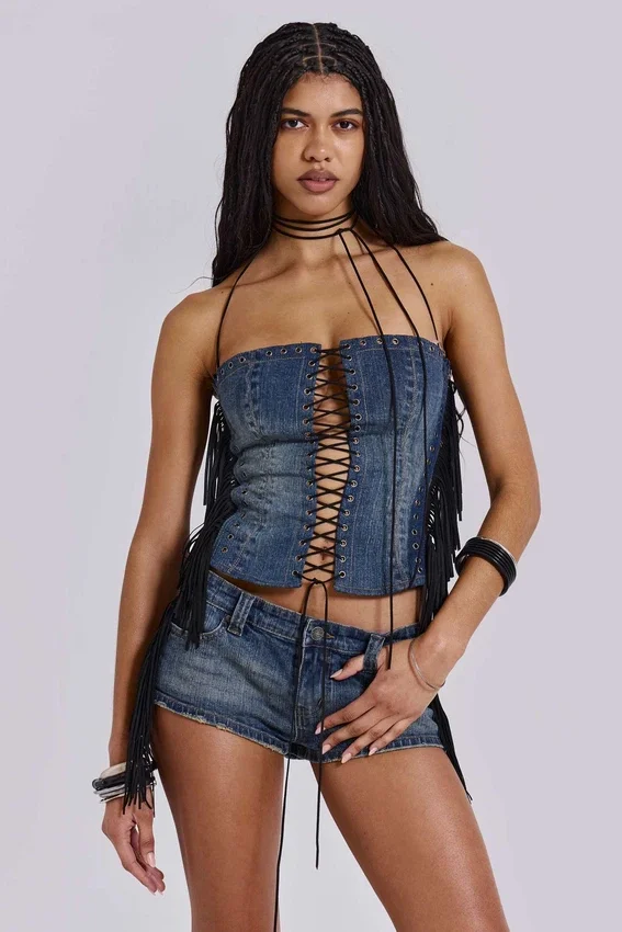 Corset à lacets Odile en denim à franges