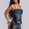 Corset à lacets Odile en denim à franges