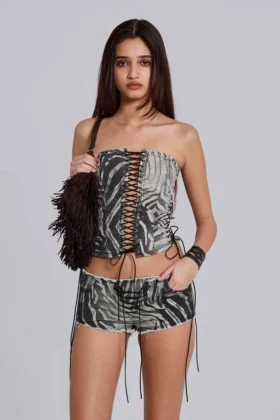 Corset à lacets « Odile » en simili cuir imprimé zèbre