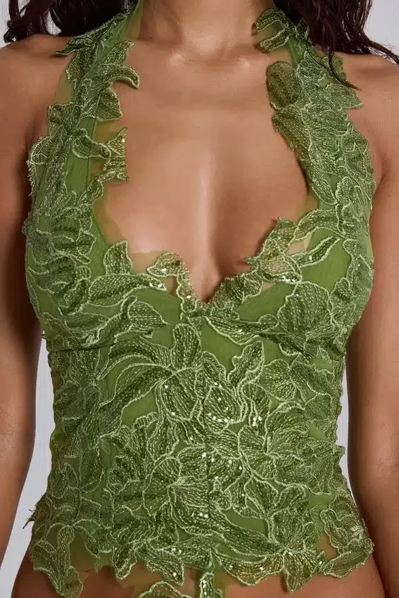 Haut corset en dentelle Roswen, vert