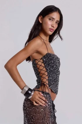 Haut corset en maille à paillettes Deva, couleur Midnight