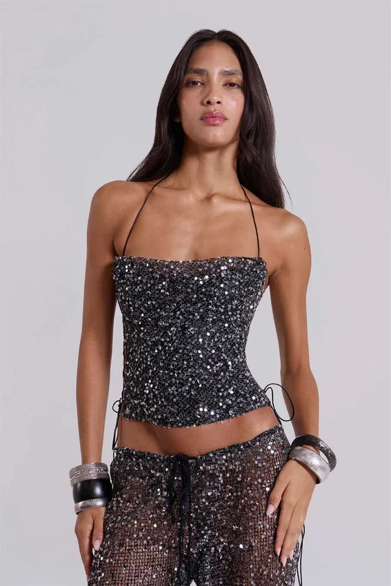 Haut corset en maille à paillettes Deva, couleur Midnight