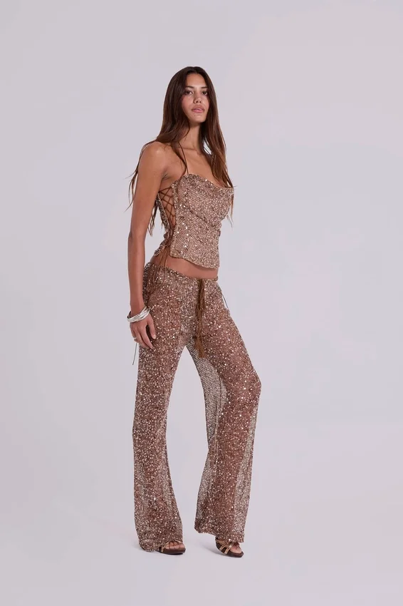 Haut corset en maille à paillettes Deva, couleur sable