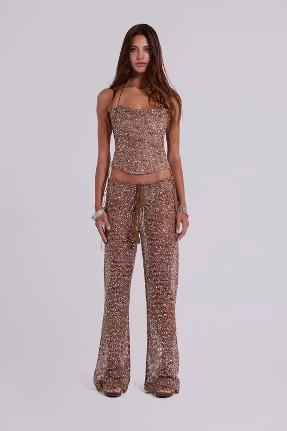 Haut corset en maille à paillettes Deva, couleur sable