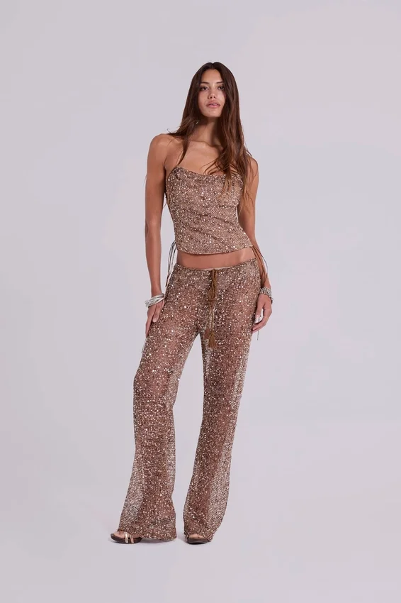 Haut corset en maille à paillettes Deva, couleur sable