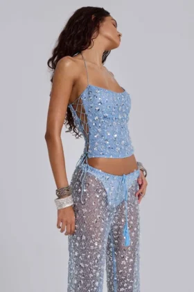 Haut corset en maille à paillettes Deva, couleur « Sky »