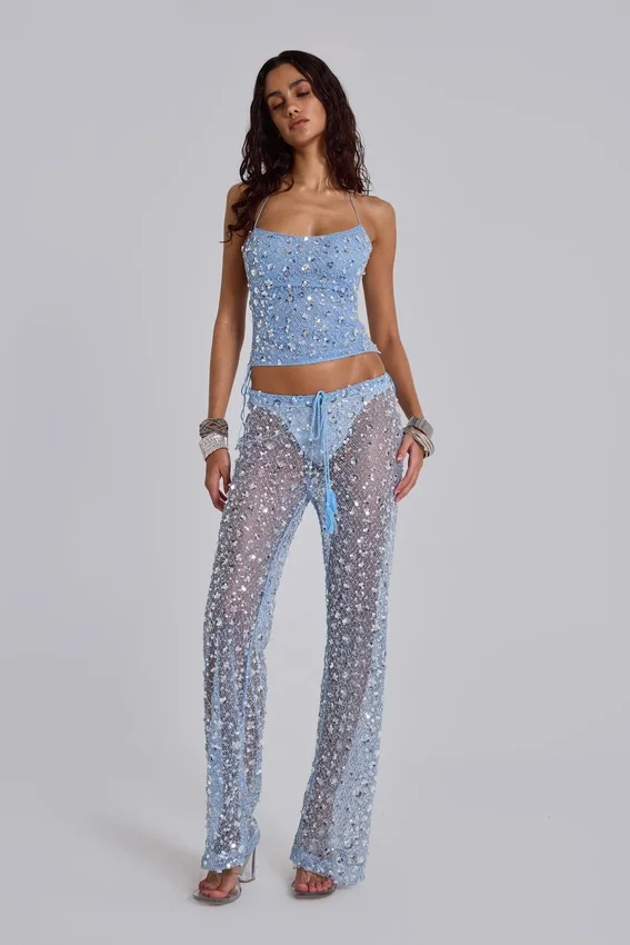 Haut corset en maille à paillettes Deva, couleur « Sky »