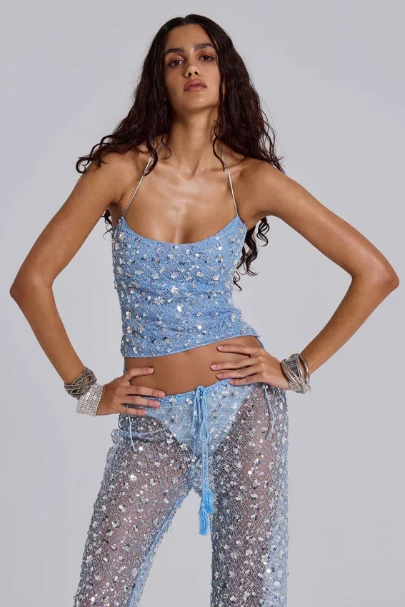 Haut corset en maille à paillettes Deva, couleur « Sky »