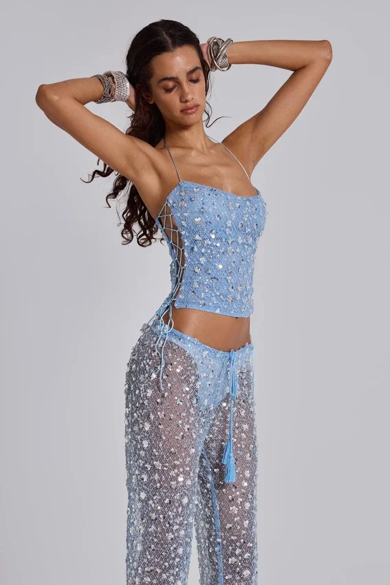 Haut corset en maille à paillettes Deva, couleur « Sky »