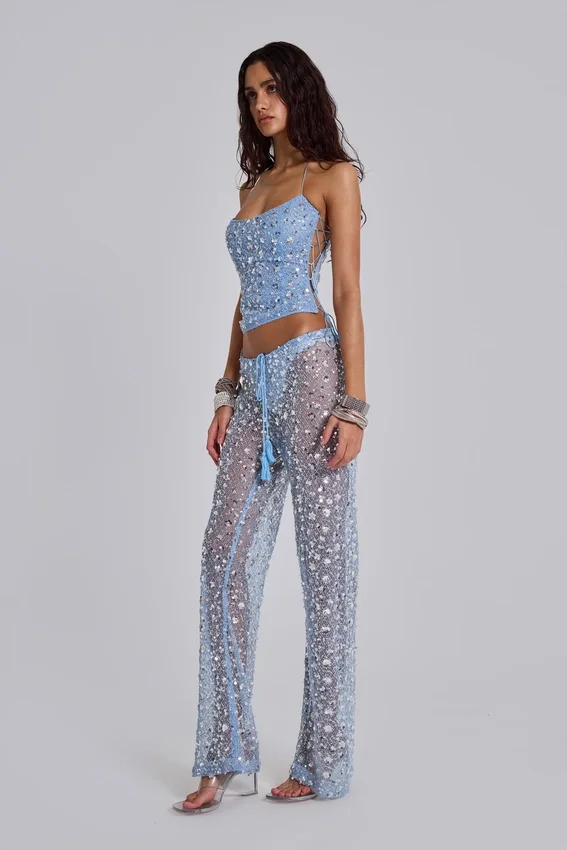 Haut corset en maille à paillettes Deva, couleur « Sky »