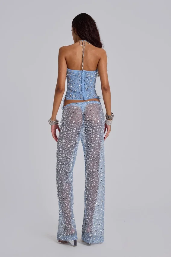Haut corset en maille à paillettes Deva, couleur « Sky »