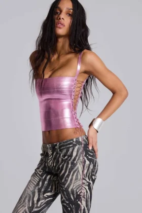 Haut corset « Idol » en tissu bandage métallisé rose