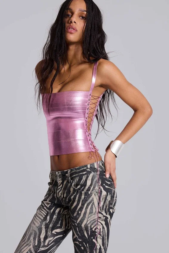 Haut corset « Idol » en tissu bandage métallisé rose