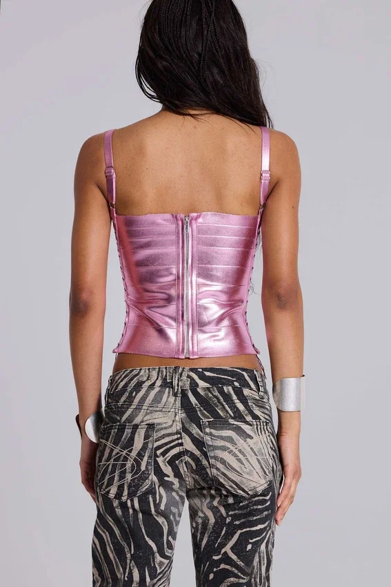 Haut corset « Idol » en tissu bandage métallisé rose