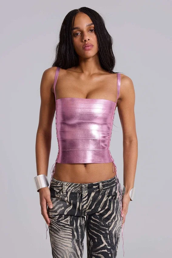 Haut corset « Idol » en tissu bandage métallisé rose