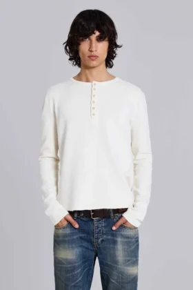 Haut Henley en tissu gaufré écru