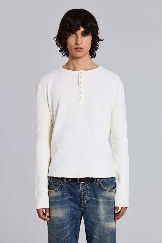 Haut Henley en tissu gaufré écru