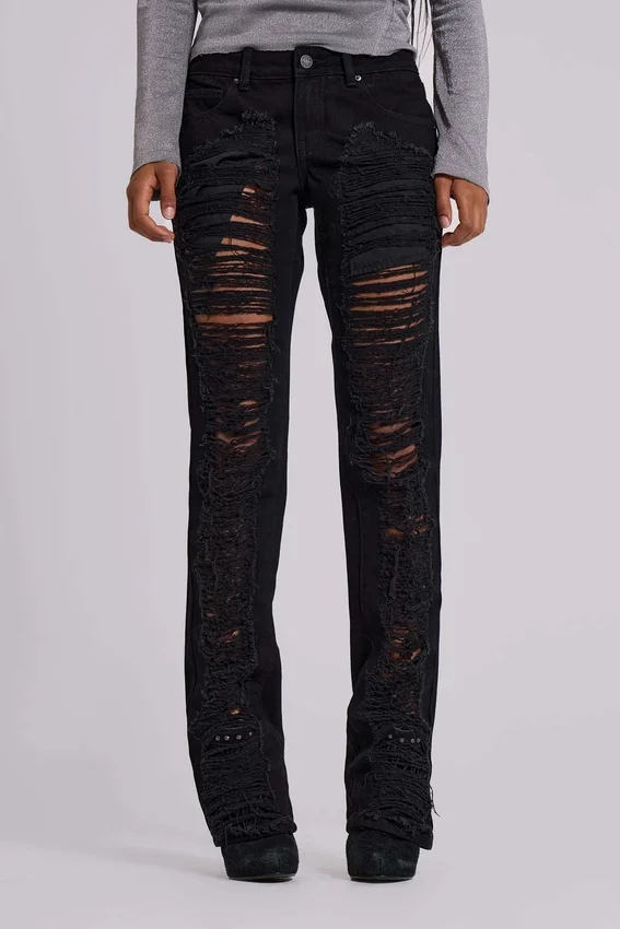 Jeans bootcut effilochés Zain, noir