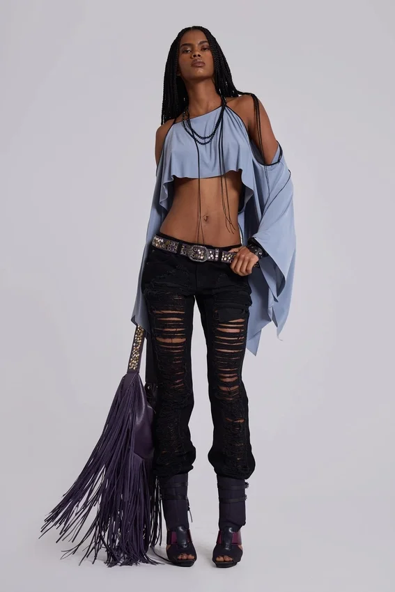 Jeans bootcut effilochés Zain, noir