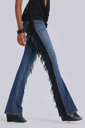 Jeans bootcut à franges El Topo, délavage bleu