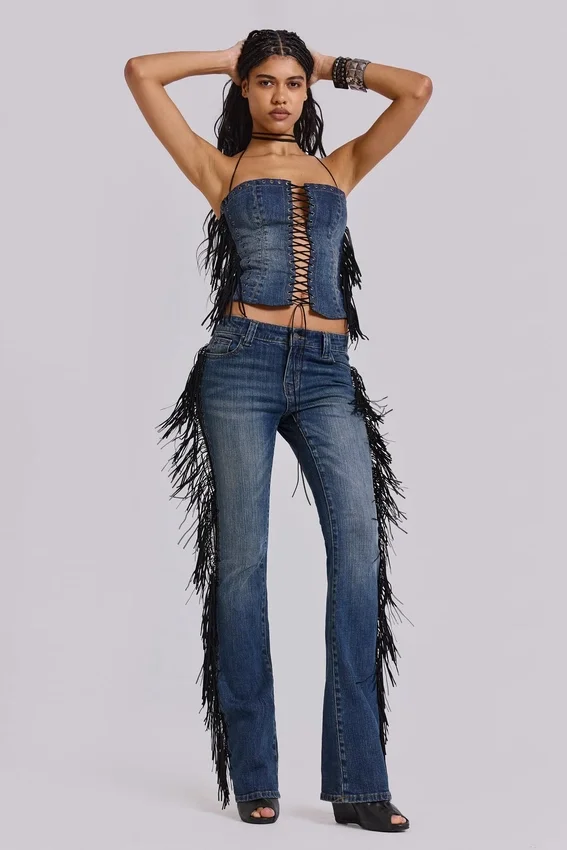 Corset à lacets Odile en denim à franges