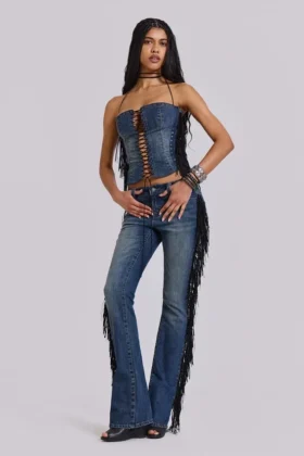 Jeans bootcut à franges El Topo, délavage bleu