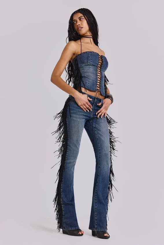 Corset à lacets Odile en denim à franges